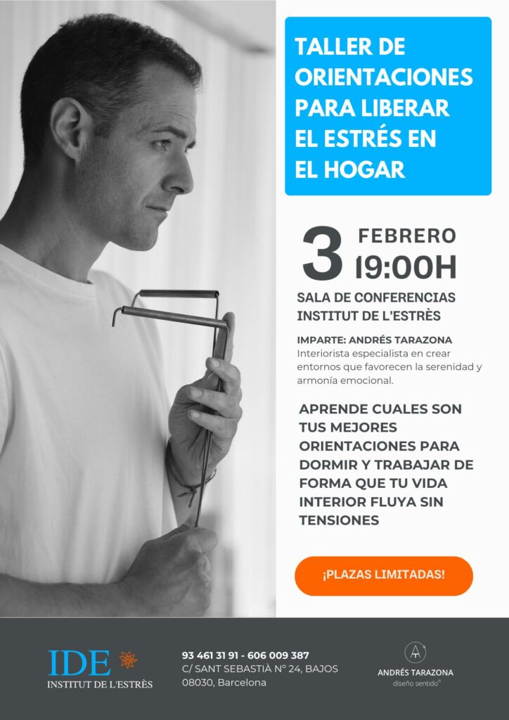 Anuncio del taller presencial gratuito sobre técnicas y orientaciones para liberar el estrés en casa, impartido por Andrés Tarazona.
