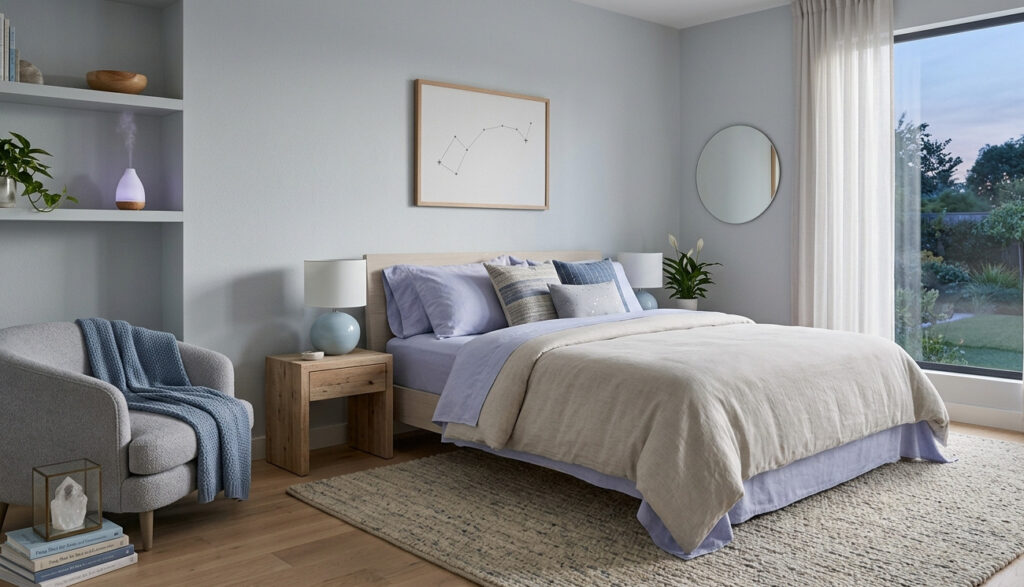Dormitorio en tonos azules suaves y neutros para mejorar el descanso y conectar con la estrella interior según el Feng Shui.