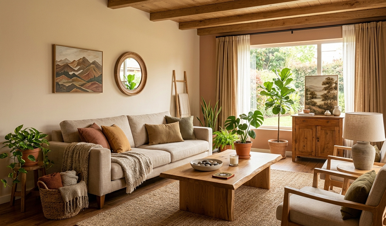 Salón decorado con colores tierra y madera según el Feng Shui para fomentar la armonía familiar y el amor consciente.