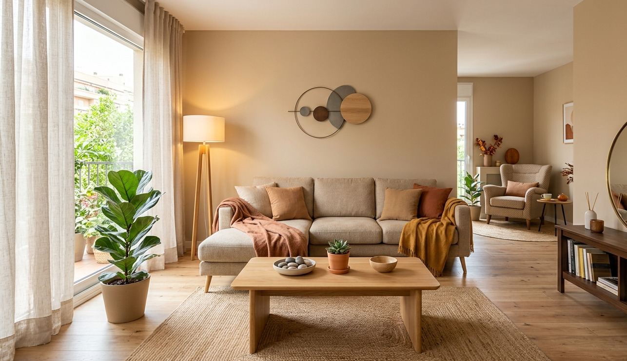 Salón en armonía con sofá apoyado en pared para dar seguridad emocional según el Feng Shui.