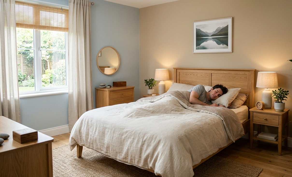 Dormitorio organizado según el Feng Shui con la cama en posición de control para mejorar el descanso y la paz mental.