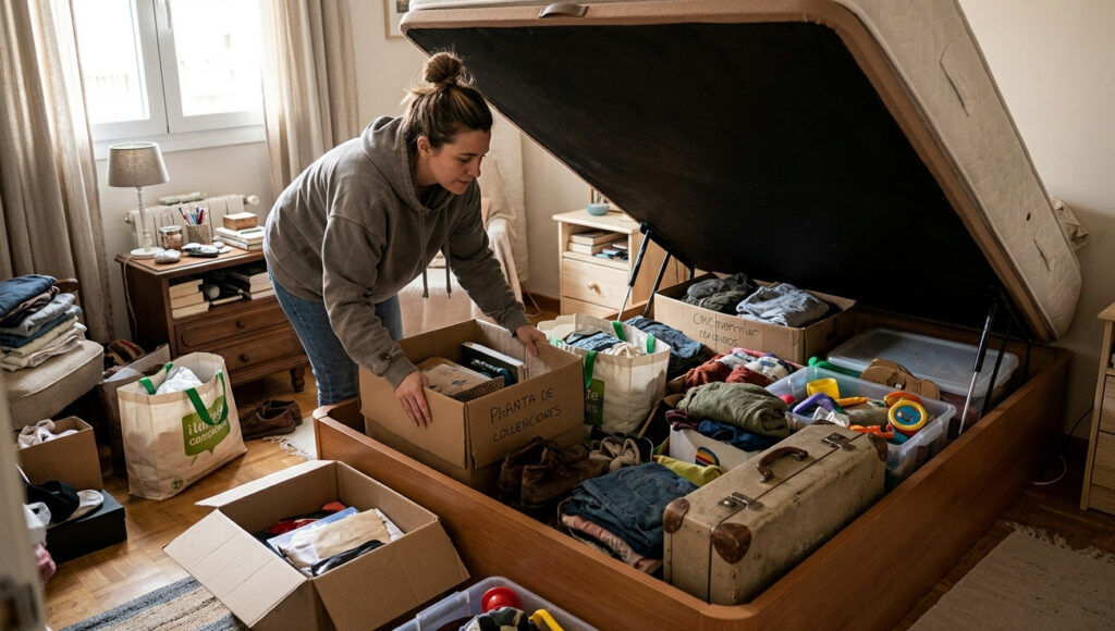 Imagen realista de una persona guardando cajas y objetos variados en el canapé abierto de su cama en un dormitorio desordenado, reflejando el bloqueo vital y la falta de flujo en el hogar.