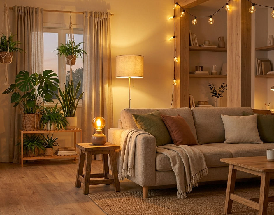 Decoración de salón con luz indirecta y plantas que favorecen la calma y el equilibrio mental en el hogar.