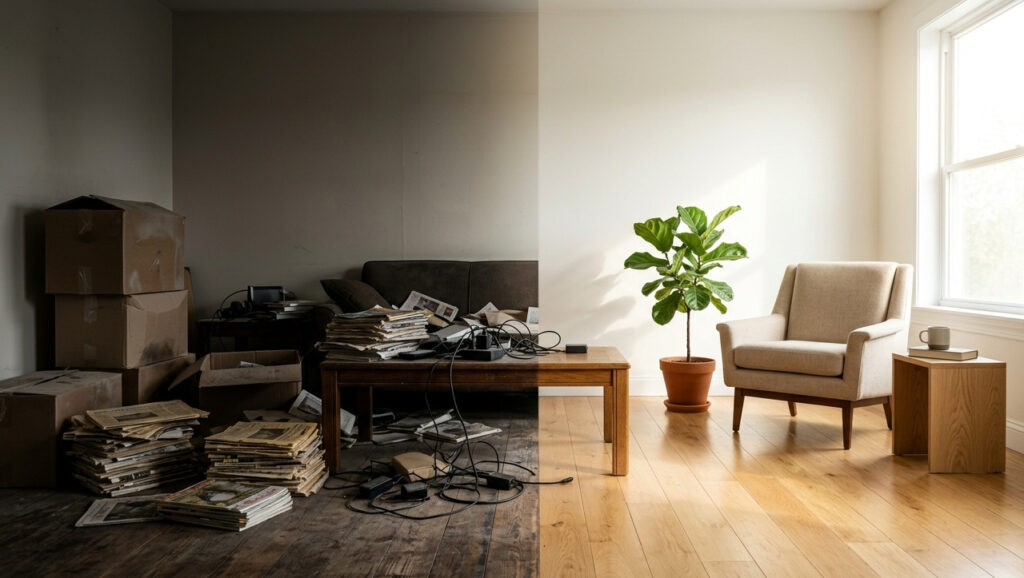 Habitación dividida: el lado izquierdo con cajas y desorden oscuro, y el lado derecho ordenado, luminoso y con una planta, simbolizando la liberación del bloqueo vital.