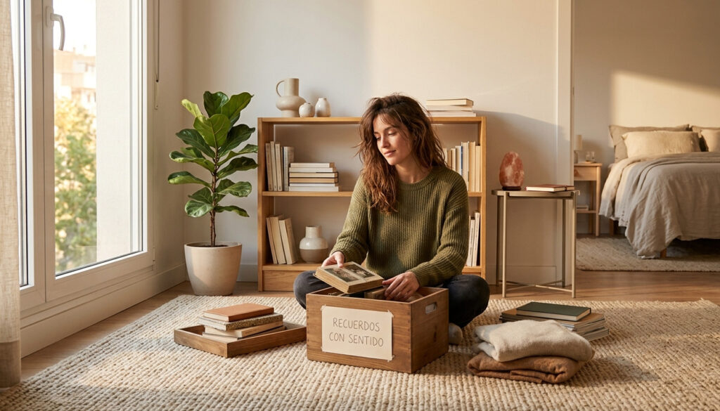 Mujer joven organizando recuerdos en una caja de madera de forma serena en un salón ordenado y cálido.