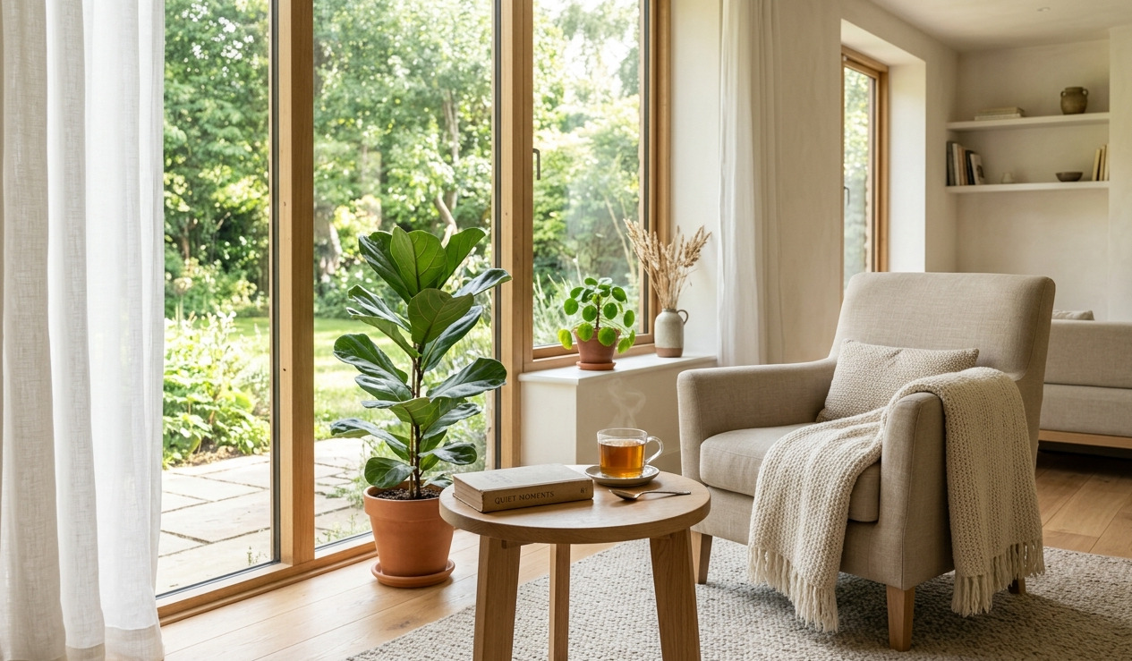 Sillón acogedor junto a un ventanal iluminado con plantas y una taza de té, representando el equilibrio emocional en casa.