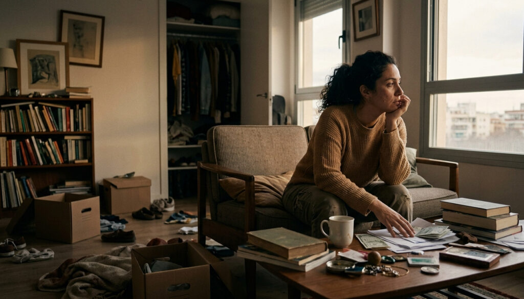 Fotografía fotorrealista de una mujer sentada en un sofá, con expresión de abrumo y bloqueo, mirando hacia la ventana en un salón desordenado con cajas y objetos esparcidos, ilustrando el estancamiento emocional.