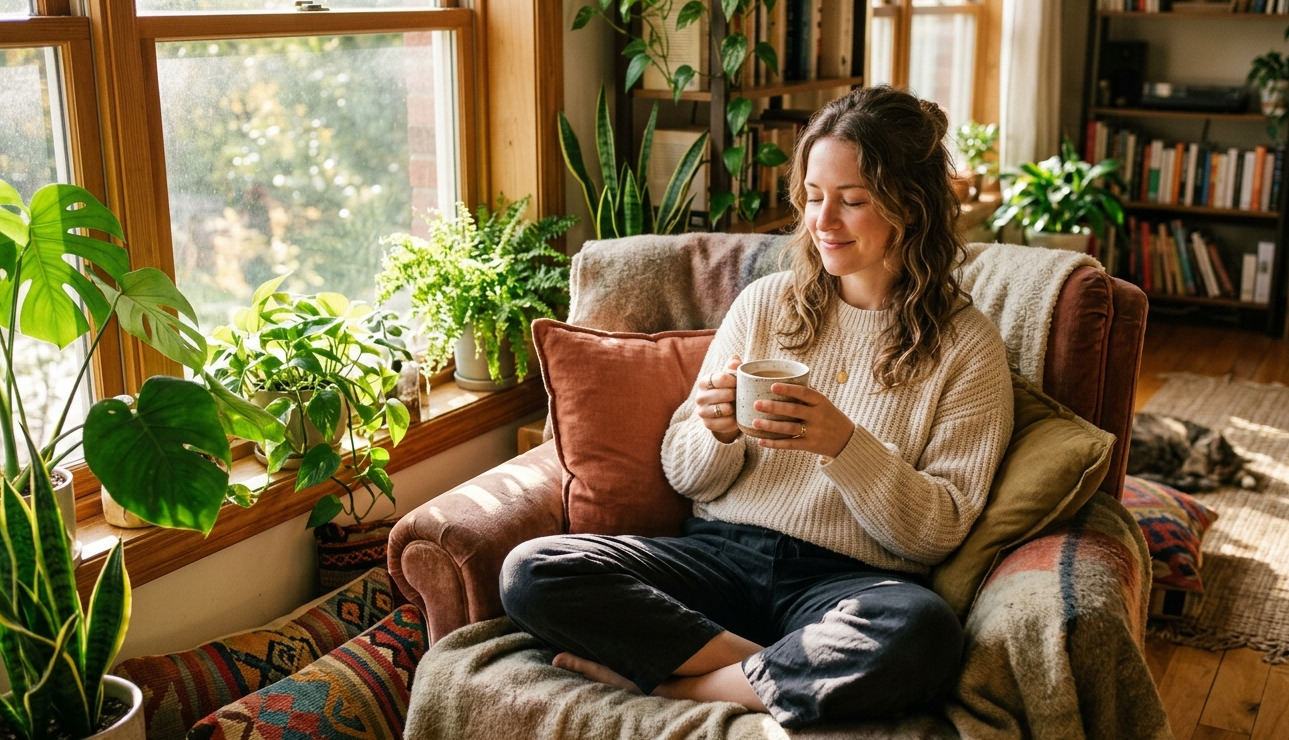 Persona conectando con su amor propio y bienestar emocional para saber cómo vivir el amor consciente desde tu hogar interior.