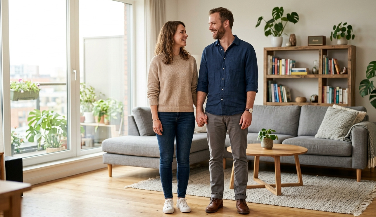 Decoración de un salón equilibrado que integra la energía masculina y femenina en el hogar con líneas estructurales y textiles cálidos.