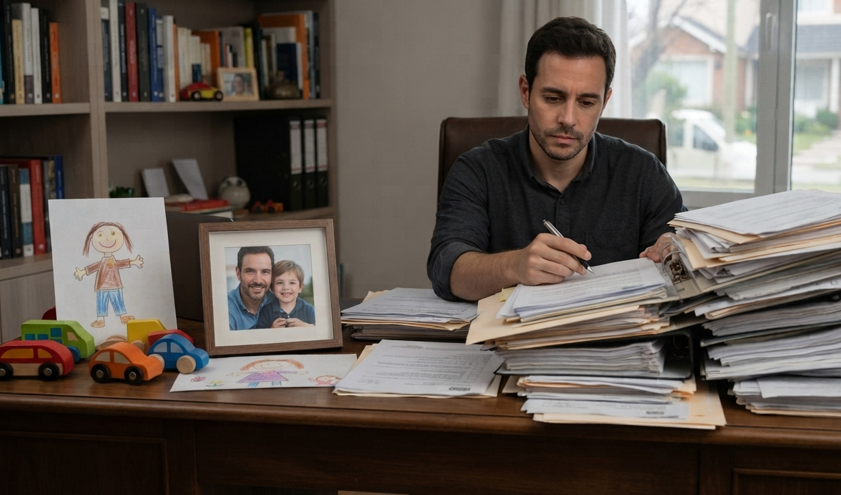 Hombre trabajando en su despacho rodeado de documentos y objetos personales que reflejan el desorden incómodo.