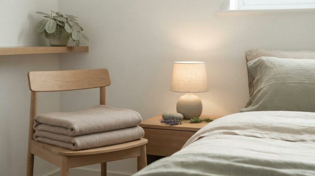 Zona de descanso en el dormitorio con ropa de cama de lino, luz cálida y tonos neutros para personas altamente sensibles.