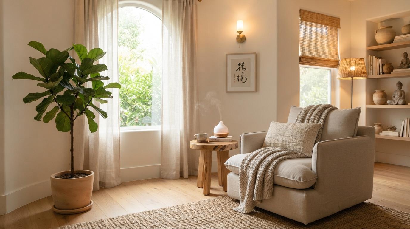 Salón decorado con principios Feng Shui, luz cálida indirecta, texturas naturales y plantas para personas altamente sensibles.